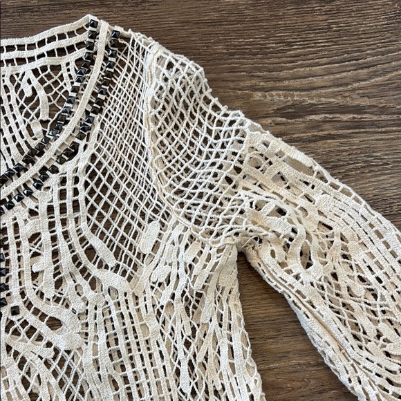 Ecote Anthropologie Studded Crochet Knit White Boho Top Lace 100% Cotton XS - Picture 5 of 12